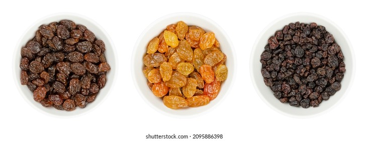 Common commercial raisins, golden raisins (Sultanas), and small currants (Zante currants or Black Corinth), in white bowls. Dried seedless grapes, to be eaten raw or used in cooking and baking. Photo. - Shutterstock ID 2095886398