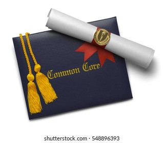 Common Core Diploma Of Graduation Cover With Degree Scroll And Torch Medal With Honor Cords Isolated On White Background.