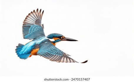 common, Eurasian or river kingfisher - Alcedo ispida - has blue green upper parts, orange underparts and a long bill. It feeds mainly on fish, caught by diving. isolated on white background - Powered by Shutterstock