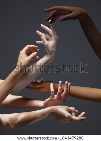Common goal. Hands of different people in touch isolated on grey studio background. Concept of relation, diversity, inclusion, community, togetherness. Weightless touching, creating one unit.