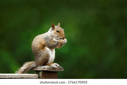 A common grey squirrel (Sciurus carolinensis) sitting on a garden fence post and feeding on a nut against a soft green background in the UK.
