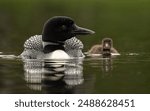 Common loon with a baby in the rain