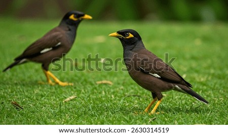 Common myna , (Acridotheres tristis). A bird that lives near humans. Invasive species.Common Myna is a brown bird with a black head, glossy black neck,It has a yellow bill,