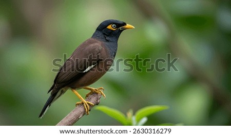 Common myna (Acridotheres tristis) perching on branch in the garden.Common Myna is a brown bird with a black head, glossy black neck,It has a yellow bill,