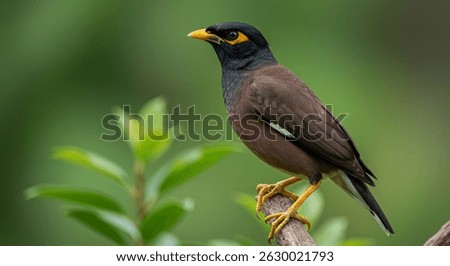 Common myna or Indian myna (Acridotheres tristis). A bird that lives near humans. Invasive species.Common Myna is a brown bird with a black head, glossy black neck,It has a yellow bill,