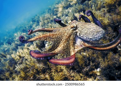 Common Octopus Flight (Octopus vulgaris) Underwater