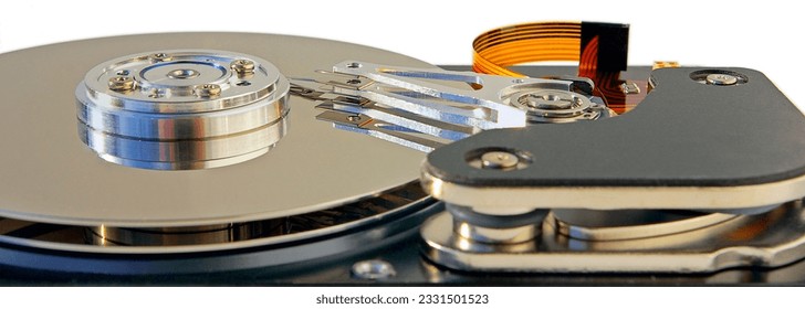 A common open hard disk with a view of the cylinder, read-write heads and other innards.