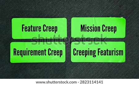Common synonyms for scope creep include Feature, Mission, Requirement creep, Creeping featurism word. all common and correct synonyms for scope creep. They all describe how a project grows past its original plan.