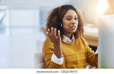 Communication, crm or woman in call center consulting, speaking or talking at customer services office. Virtual assistant, explain or sales consultant in telemarketing or telecom company help desk - Shutterstock ID 2302678473