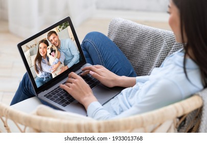 Communication With Family Remote, Using Device, Video Call Conference With Friends And New Normal During Covid. Young Asian Woman With Laptop Looking At Couple With Dog On Screen, Free Space, Collage