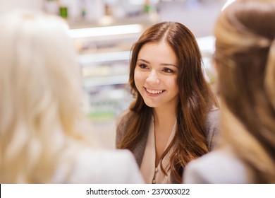 Communication, Friendship And People Concept - Happy Young Women Meeting And Talking In Mall Or City