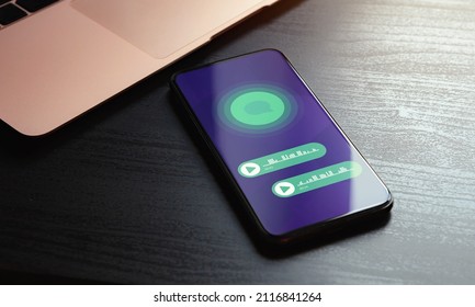 Communication with internet messenger concept. Voice message bubbles on the smartphone device screen. Voice chat dialog messaging correspondence, event notification. High quality photo