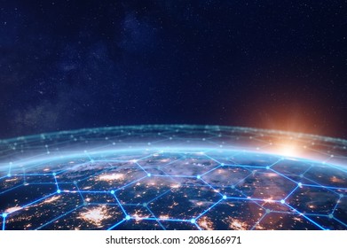 Communication network above Earth for global business and finance digital exchange. Internet of things (IoT), blockchain, smart connected cities, futuristic technology concept. Satellite view.