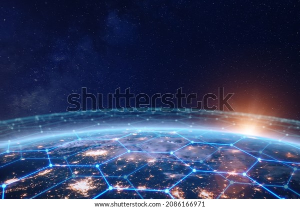Communication network above Earth for global\
business and finance digital exchange. Internet of things (IoT),\
blockchain, smart connected cities, futuristic technology concept.\
Satellite view.