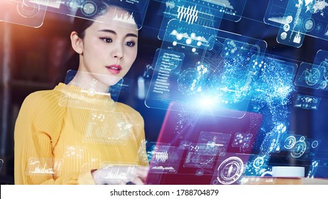 Communication network concept. Young asian woman in the office. GUI (Graphical User Interface).