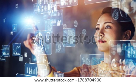 Communication network concept. Young asian woman in the office. GUI (Graphical User Interface).