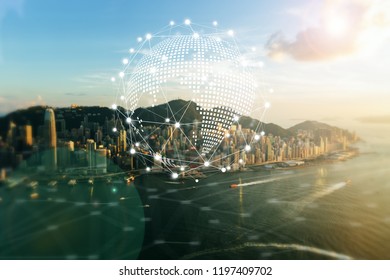 Communication network with digital virtual screen of Hong Kong Cityscape ,Technology Smart City with Internet of Things concept