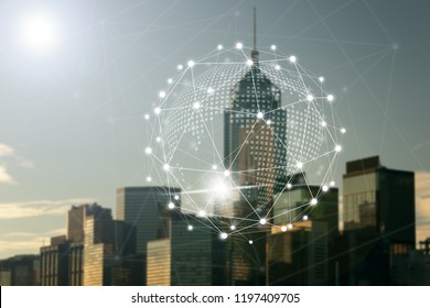 Communication network with digital virtual screen of Hong Kong Cityscape ,Technology Smart City with Internet of Things concept
