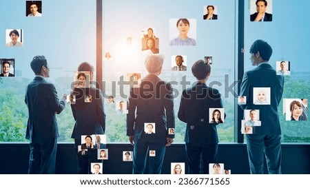 Communication network of people and human resources looking out over the city. Faces of multinational people. social network. Video distribution. video call.