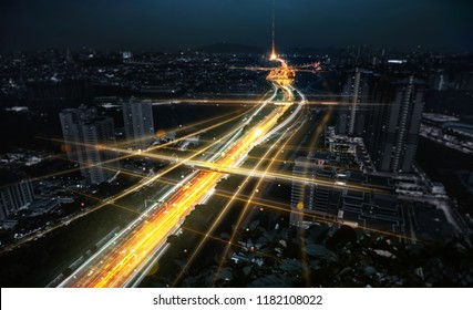 Communication Network And Traffic Light On Highway .Concept Of Smart City Network, Internet Communication And Digital Traffic Management System .