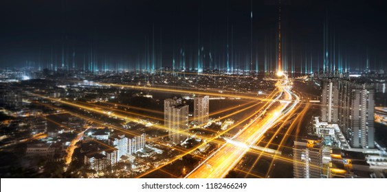 Communication network and traffic light on highway .Concept of smart city network, internet communication and digital traffic management system . - Shutterstock ID 1182466249