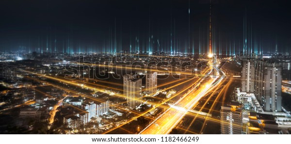 Communication network and traffic light on\
highway .Concept of smart city network, internet communication and\
digital traffic management system\
.