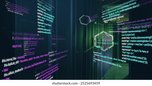 Communication networks and data processing over dark computer server room. Communication and data network technology, digitally generated image.