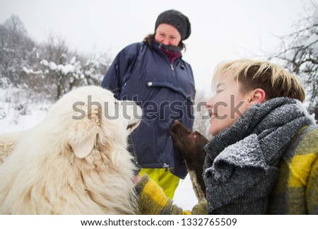 communication of people and animals, women with a dog. breed Maremmo Abruzza Sheepdog