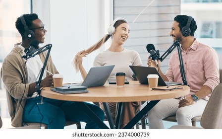 Communication, podcast speaker or laughing people, group or presenter of talk show, comedy broadcast or funny live stream. Radio network production, voice content creator or humour team collaboration - Powered by Shutterstock