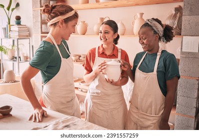 Communication, pottery workshop class and people teamwork on mold design, manufacturing or art product. Diversity, ceramic store or startup small business owner, artist group or happy women in studio - Powered by Shutterstock