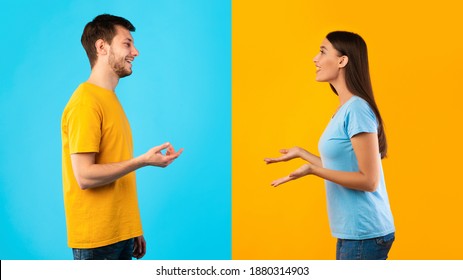 Communication. Profile Portrait Of Casual Woman And Bearded Smiling Caucasian Man Talking Isolated Over Halved Blue And Yellow Studio Background. Side View Of Positive Couple Discussing