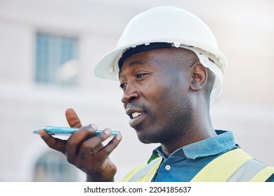 Communication, Safety And A Construction Worker On Phone Call Or Sending Voice Note. A Black Man, Engineer Or Builder On Mobile At Building Site. Contractor Working And Talking On Smartphone Outdoors