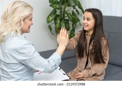 Communication Session Of School Psychologist And Girl 9, 10 Years. Child Tells Psychotherapist His Experiences, Mental Health Of Children.