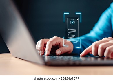 communication, smart, technology, iot, interface, binary, information, programming, search, software. A person is typing with a green check mark on the screen, a symbol of approval or completion.