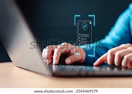 communication, smart, technology, iot, interface, binary, information, programming, search, software. A person is typing with a green check mark on the screen, a symbol of approval or completion.