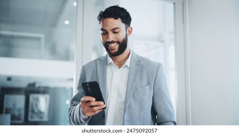 Communication, smile and businessman text with smartphone in office for networking, email and corporate discussion. Male person, mobile message or company social media post for project and consulting - Powered by Shutterstock