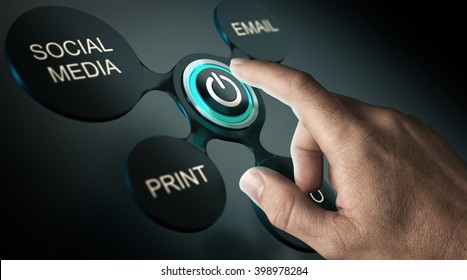 Communication strategy or advertising campaign concept. Finger about to press launch button of a marketing campaign. Composite image over black background.