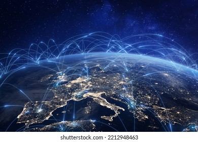 Communication technology with global internet network connected in Europe. Telecommunication and data transfer european connection links. IoT, finance, business, blockchain, security.
