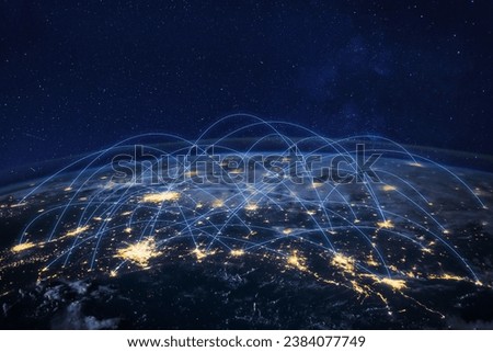 Communication technology, global internet network over Earth. Telecommunication and data transfer, connection links, original image furnished by NASA.