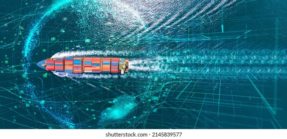 Communication technology for internet business Cyber. Global planet with Aerial top view of cargo ship with contrail in ocean sea ship carrying container for export import Freight Forwarding Service