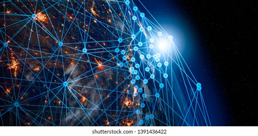 Communication technology for internet business. Global world network and telecommunication on earth cryptocurrency and blockchain and IoT. Elements of this image furnished by NASA