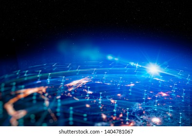 Communication technology for internet business. Global world network and telecommunication on earth cryptocurrency and blockchain and IoT. Elements of this image furnished by NASA - Shutterstock ID 1404781067