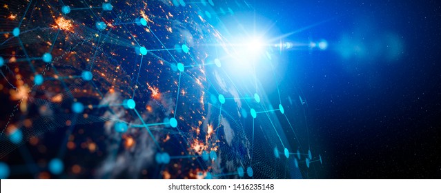 Communication technology for internet business. Global world network and telecommunication on earth cryptocurrency and blockchain and IoT. Elements of this image furnished by NASA