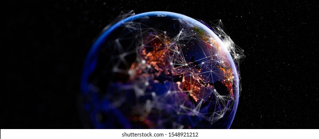 Communication technology for internet business. Global world network and telecommunication on earth cryptocurrency and blockchain and IoT. Elements of this image furnished by NASA