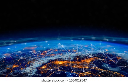 Communication technology for internet business. Global world network and telecommunication on earth cryptocurrency and blockchain and IoT. Elements of this image furnished by NASA