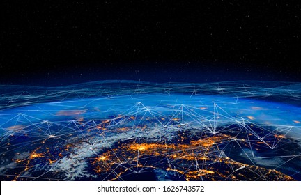 Communication technology for internet business. Global world network and telecommunication on earth cryptocurrency and blockchain and IoT. Elements of this image furnished by NASA
