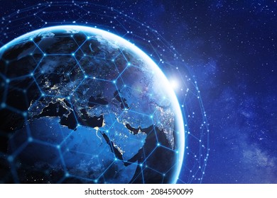 Communication Technology With Network Around The World For Internet, 5G Cellular Data Connection, Blockchain, IoT, Finance Or Smart Cities. Global Satellite Telecommunications. Elements From NASA.