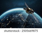 Communication and Telecommunications from Space. Broadcasting, Concept. Communication satellite flies near the night planet earth with night lights of megacities in space with stars. Europe