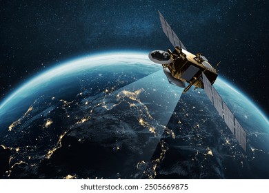 Communication and Telecommunications from Space. Broadcasting, Concept. Communication satellite flies near the night planet earth with night lights of megacities in space with stars. Europe