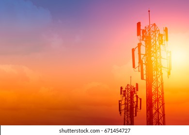 Communication Tower Or 3G 4G Network Telephone Cellsite With Dusk Sky With Space For Text